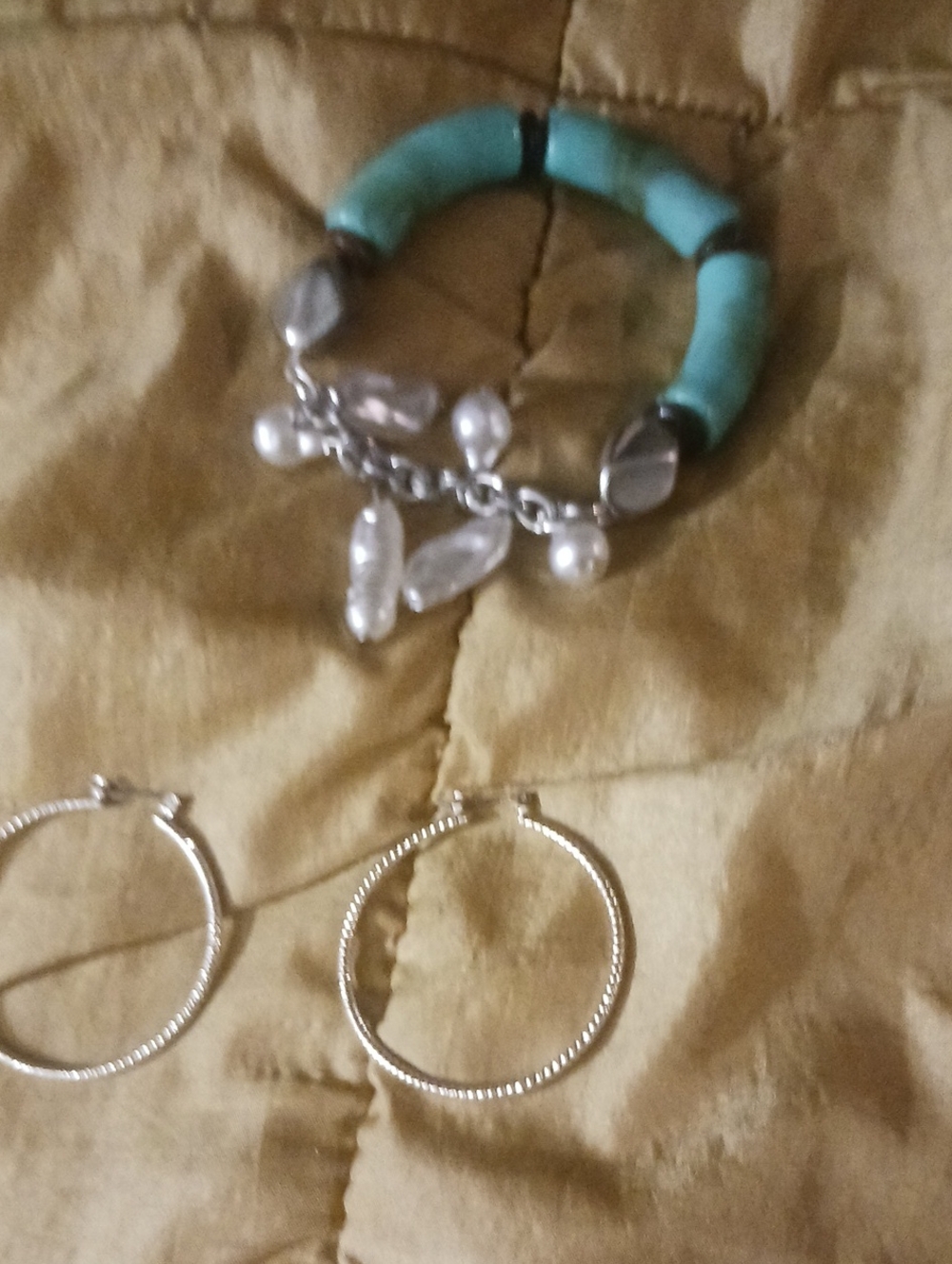 Turquoise Bead and Pearl Charm Bracelet - Women's Bracelet